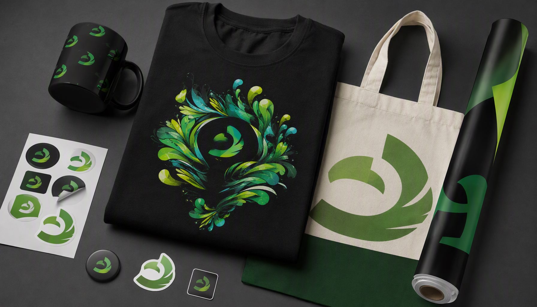 Branded merchandise: printed t-shirt, mug, tote bag and stickers